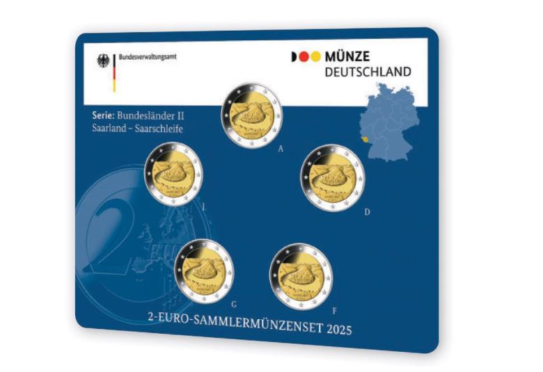 2 euros Allemagne 2025, région de la Sarre :  Saarschleife, set avec les monnaies des cinq ateliers. ©Münze Deutschland