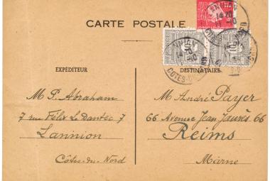 Carte postale affranchie à 1F20 (tarif du 5 janvier 1942). Affranchissement composé Pétain (N°514) et Arc de Triomphe (N°621 en paire).
