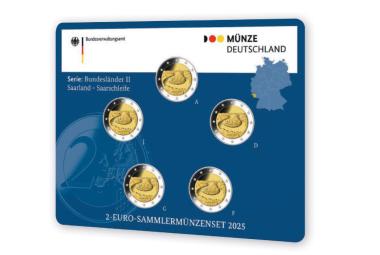 2 euros Allemagne 2025, région de la Sarre :  Saarschleife, set avec les monnaies des cinq ateliers. ©Münze Deutschland